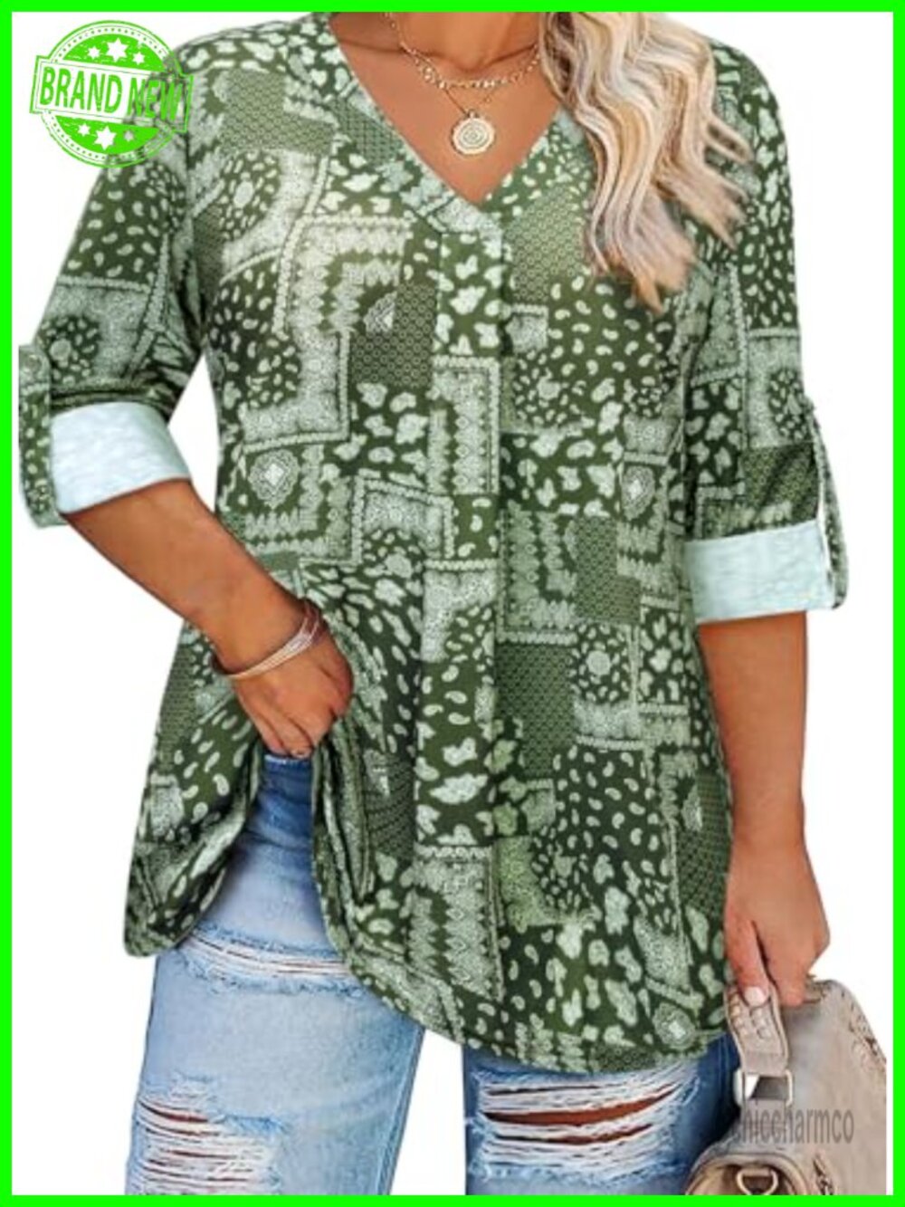 Plus Size Tunic Top 3/4 Sleeve V Neck Paisley Blouse